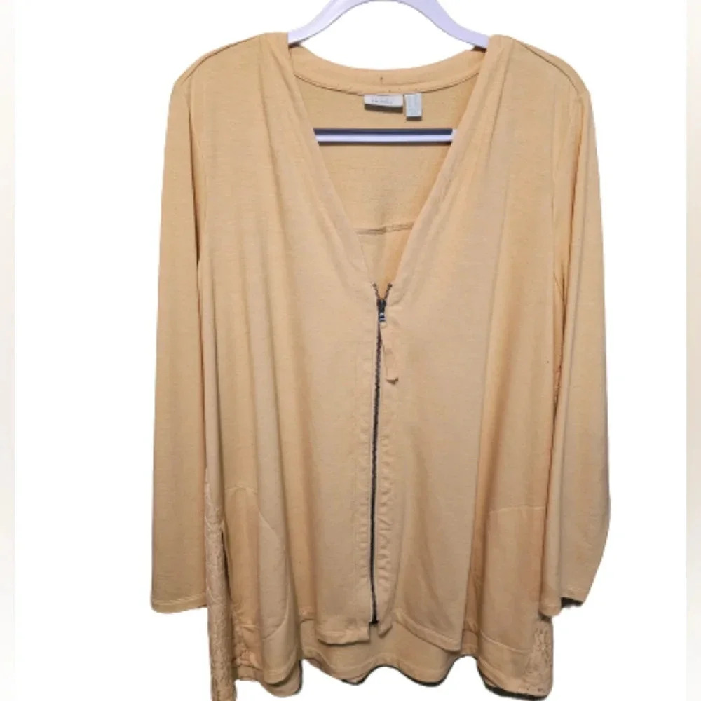 LOGO Lounge by Lori Goldstein Yellow Lace Back Full Zip Sweatshirt